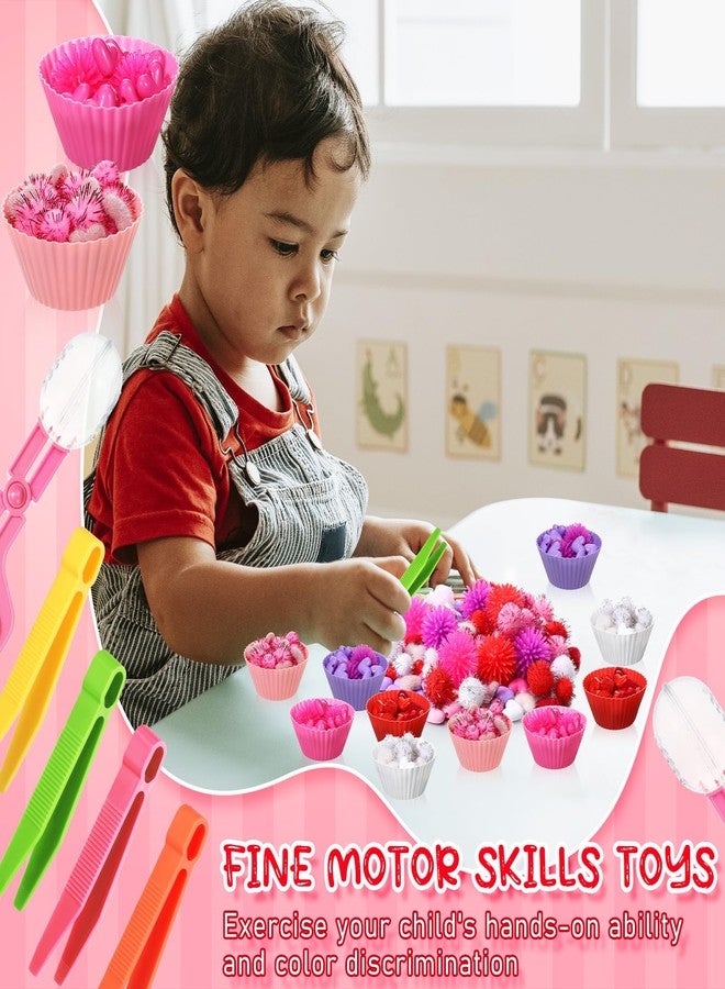 Silipull 752 Pcs Valentine Fine Motor Skills Sensory Bin Filler Includes 100 Heart Acrylic Gems 618 Pom Pom 18 Hedge Balls 4 Tweezers 2 Scissors Clips 10 Sorting Bowls for Boys Girls Sorting Counting - Image 3